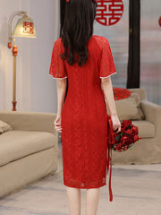 Red Purple Lace Midi Cheongsam Qipao Dress