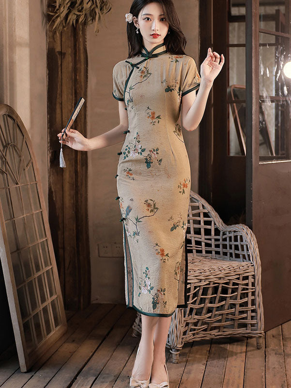 Summer Floral Linen Tea Cheongsam Qipao Dress