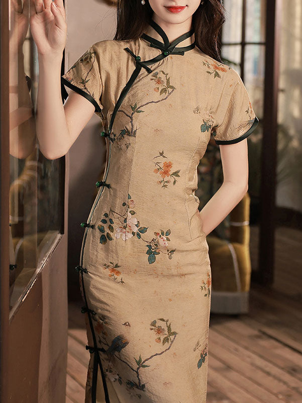Summer Floral Linen Tea Cheongsam Qipao Dress
