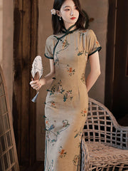Summer Floral Linen Tea Cheongsam Qipao Dress