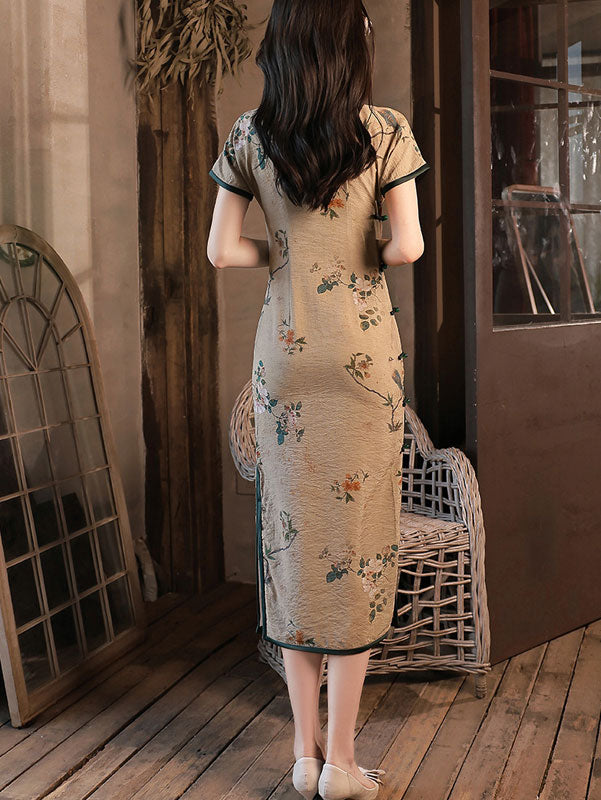 Summer Floral Linen Tea Cheongsam Qipao Dress