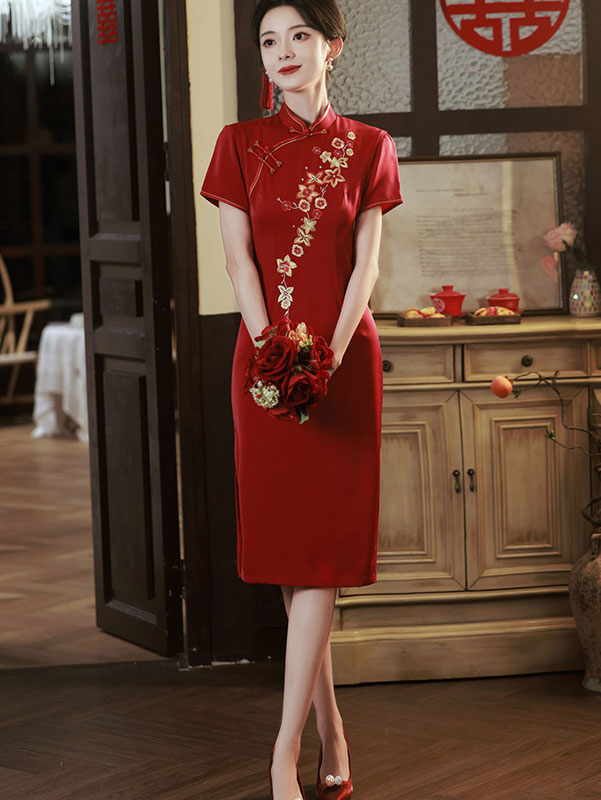 Red Embroidered Floral Mid Qipao Cheongsam Dress