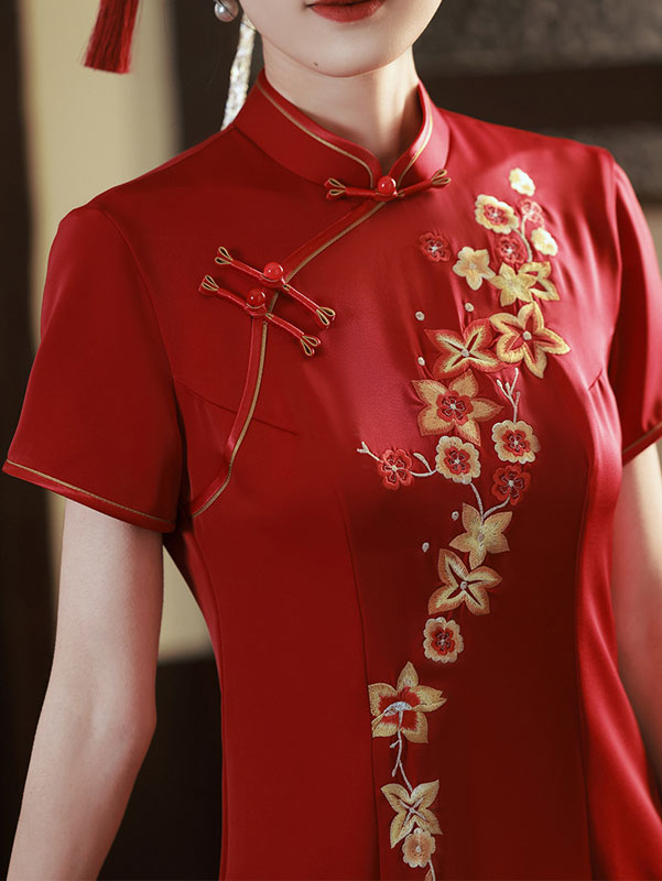 Red Embroidered Floral Mid Qipao Cheongsam Dress