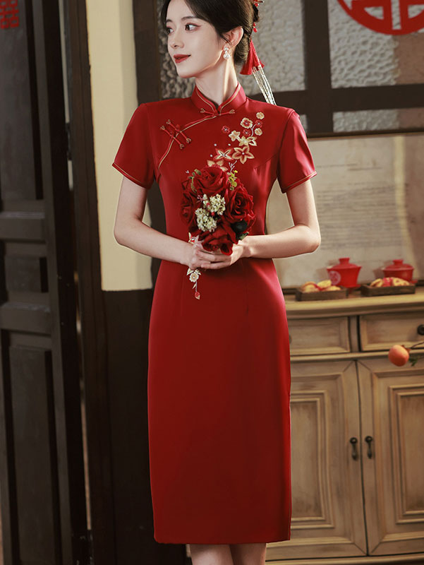 Red Embroidered Floral Mid Qipao Cheongsam Dress