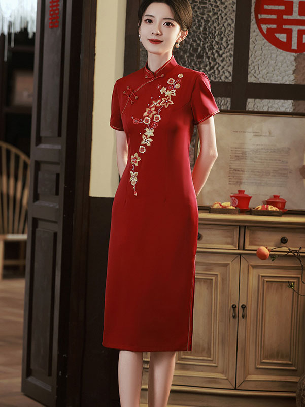 Red Embroidered Floral Mid Qipao Cheongsam Dress