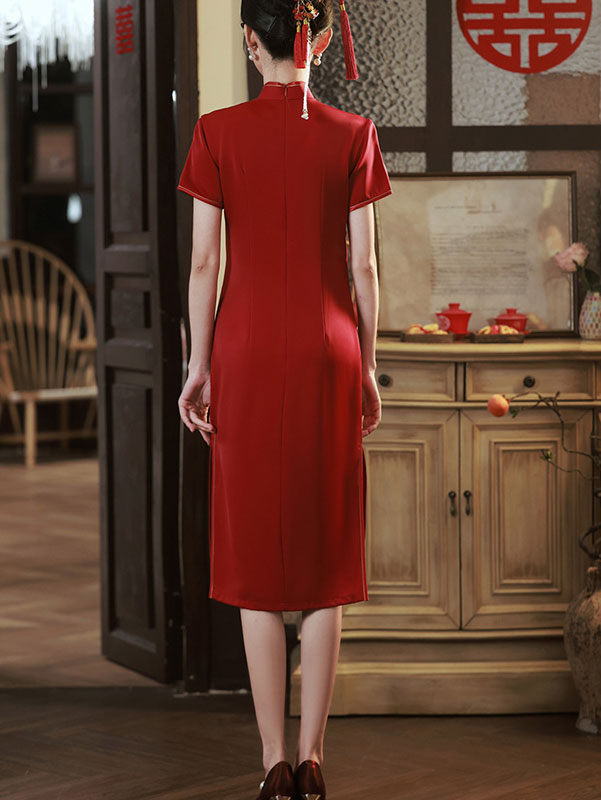 Red Embroidered Floral Mid Qipao Cheongsam Dress