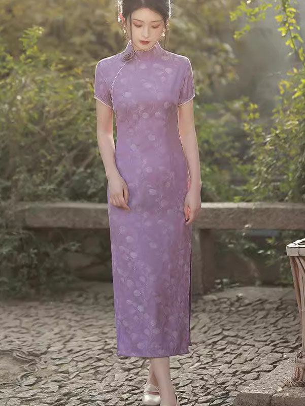 Purple Jacquard Floral Cheongsam Qipao Dress