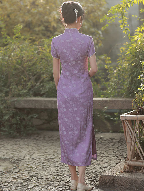 Purple Jacquard Floral Cheongsam Qipao Dress