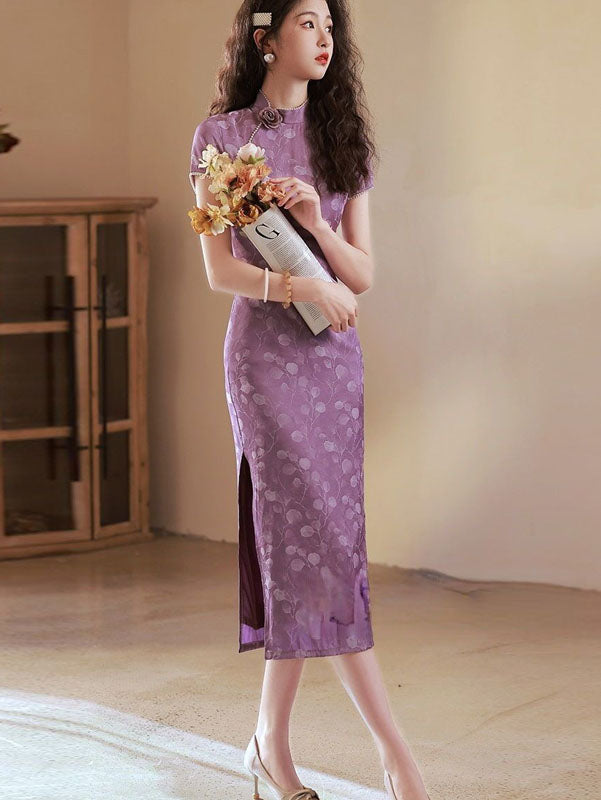 Purple Jacquard Floral Cheongsam Qipao Dress