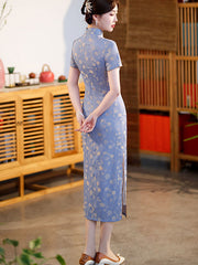 Purple Blue Jacquard Floral Cheongsam Qipao Dress