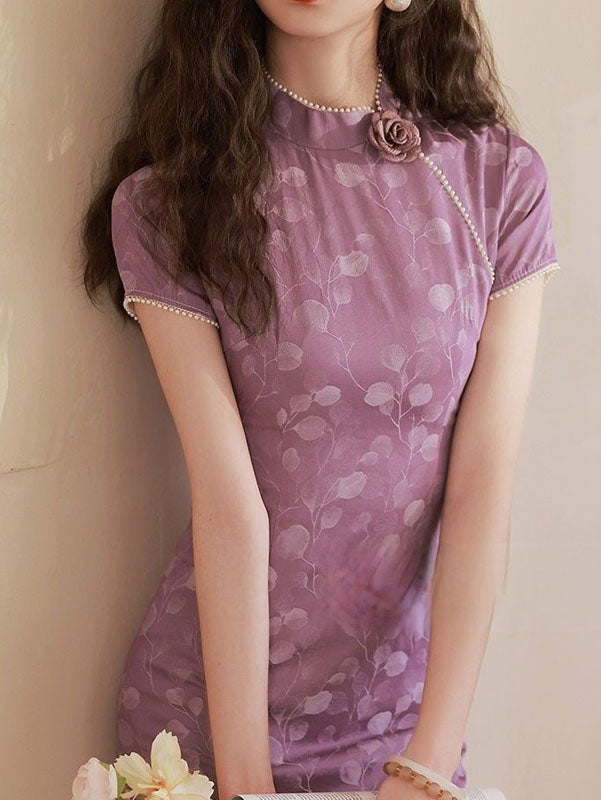 Purple Jacquard Floral Cheongsam Qipao Dress