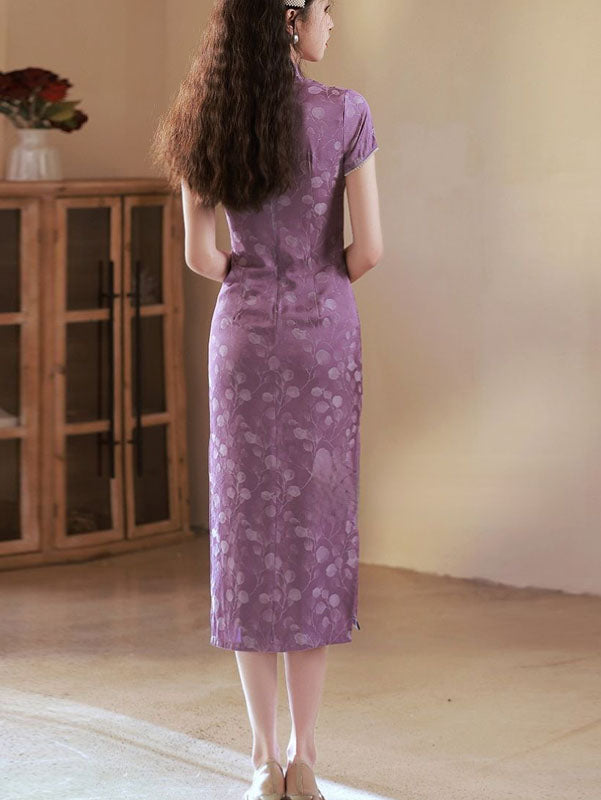 Purple Jacquard Floral Cheongsam Qipao Dress