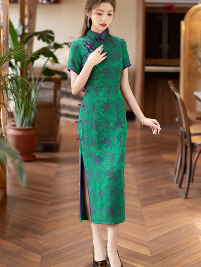 Green Jacquard Floral Maxi Cheongsam Qipao Dress