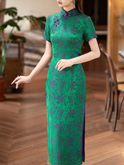 Green Jacquard Floral Maxi Cheongsam Qipao Dress