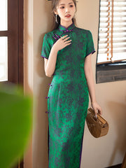 Green Jacquard Floral Maxi Cheongsam Qipao Dress