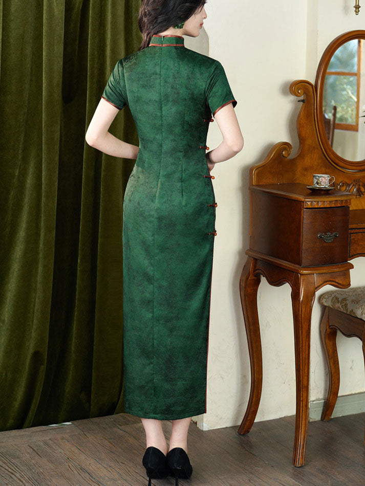 Green Purple Jacquard Floral Maxi Cheongsam Qipao Dress