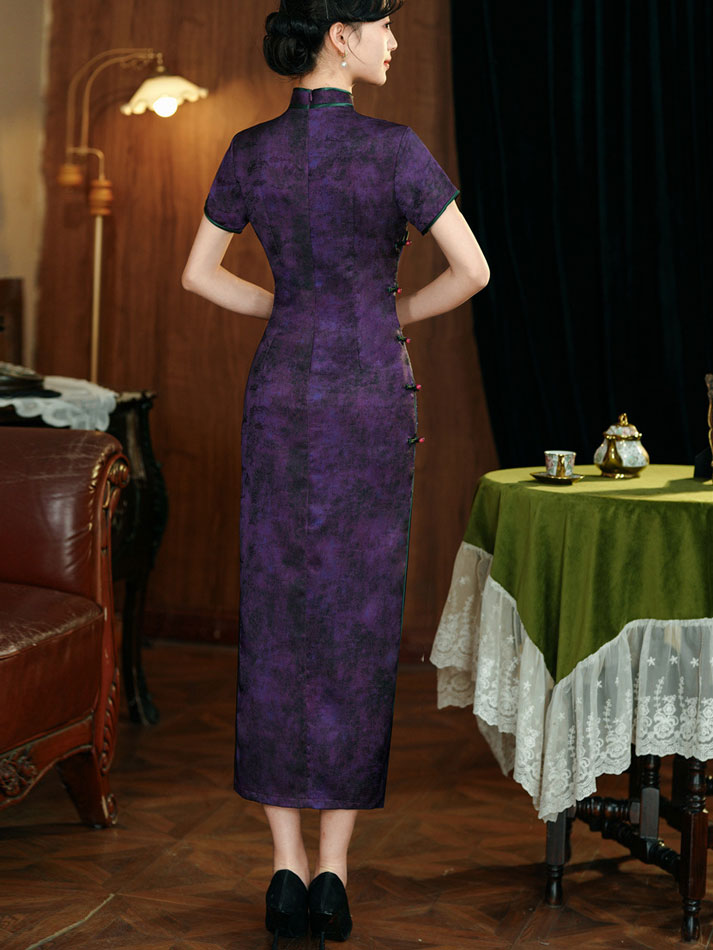 Green Purple Jacquard Floral Maxi Cheongsam Qipao Dress