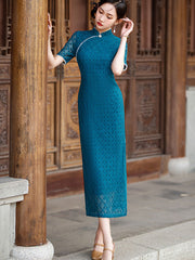 2023 Lake Blue Plaid Lace Qipao Cheongsam Dress