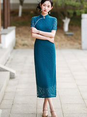 2023 Lake Blue Plaid Lace Qipao Cheongsam Dress