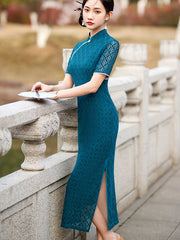 2023 Lake Blue Plaid Lace Qipao Cheongsam Dress