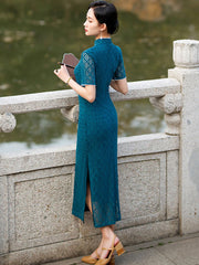 2023 Lake Blue Plaid Lace Qipao Cheongsam Dress