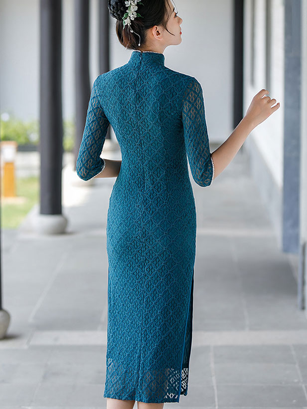 2023 Lake Blue Plaid Lace Qipao Cheongsam Dress