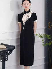 Black Colorblock Midi Modern Qipao Cheongsam Dress