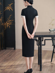 Black Colorblock Midi Modern Qipao Cheongsam Dress