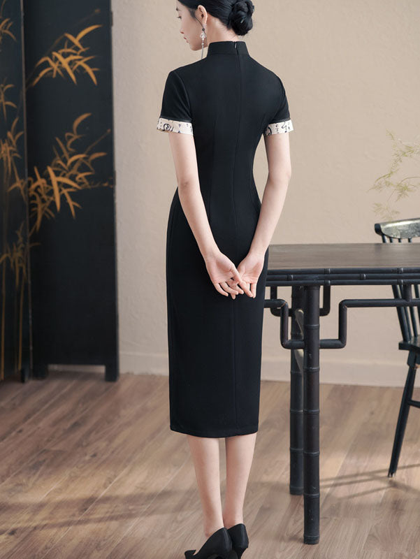 Black Colorblock Midi Modern Qipao Cheongsam Dress