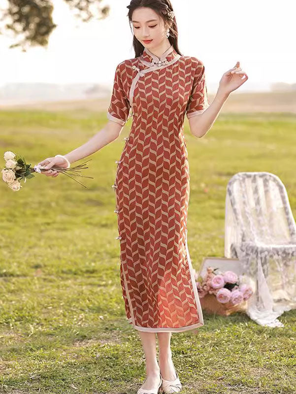 Red Stripe Summer Midi Qipao Cheongsam Dress