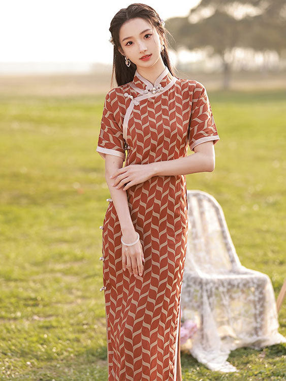 Red Stripe Summer Midi Qipao Cheongsam Dress