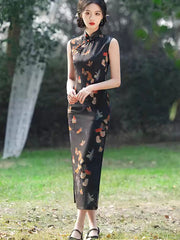 Black Butterfly Print Qipao Cheongsam Dress
