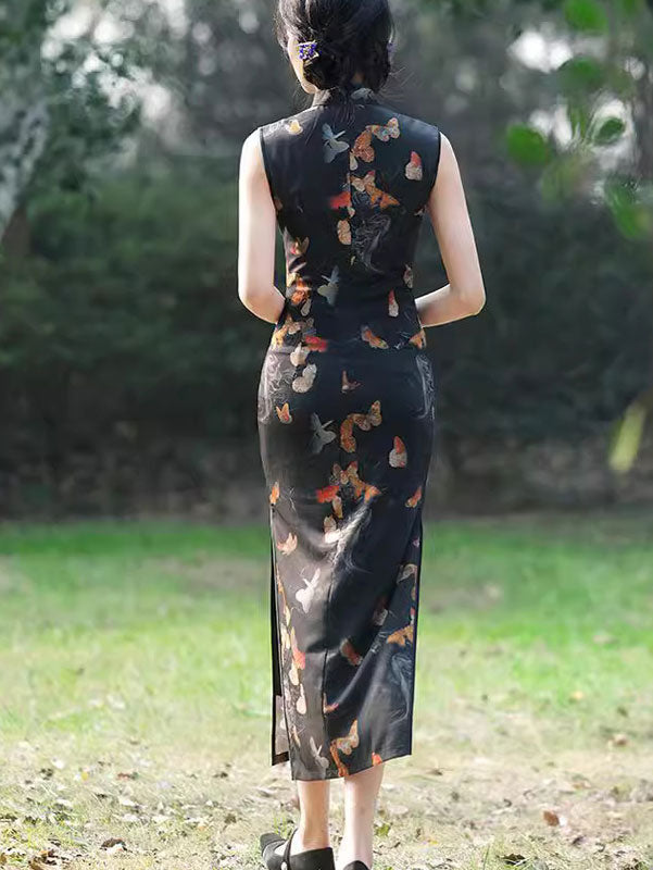 Black Butterfly Print Qipao Cheongsam Dress