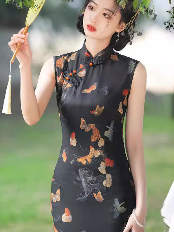 Black Butterfly Print Qipao Cheongsam Dress
