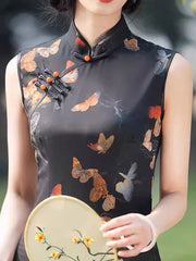 Black Butterfly Print Qipao Cheongsam Dress