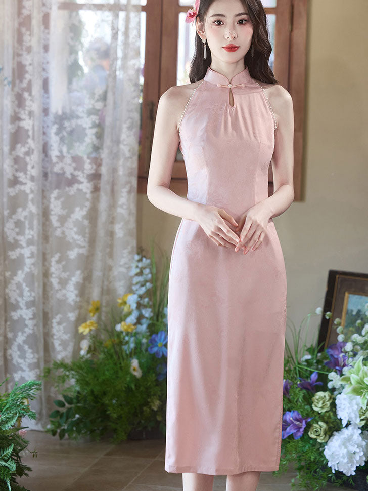 Pink Blue Jacquard Halter Summer Qipao Cheongsam Dress