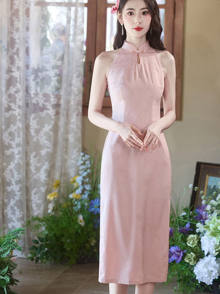 Pink Blue Jacquard Halter Summer Qipao Cheongsam Dress