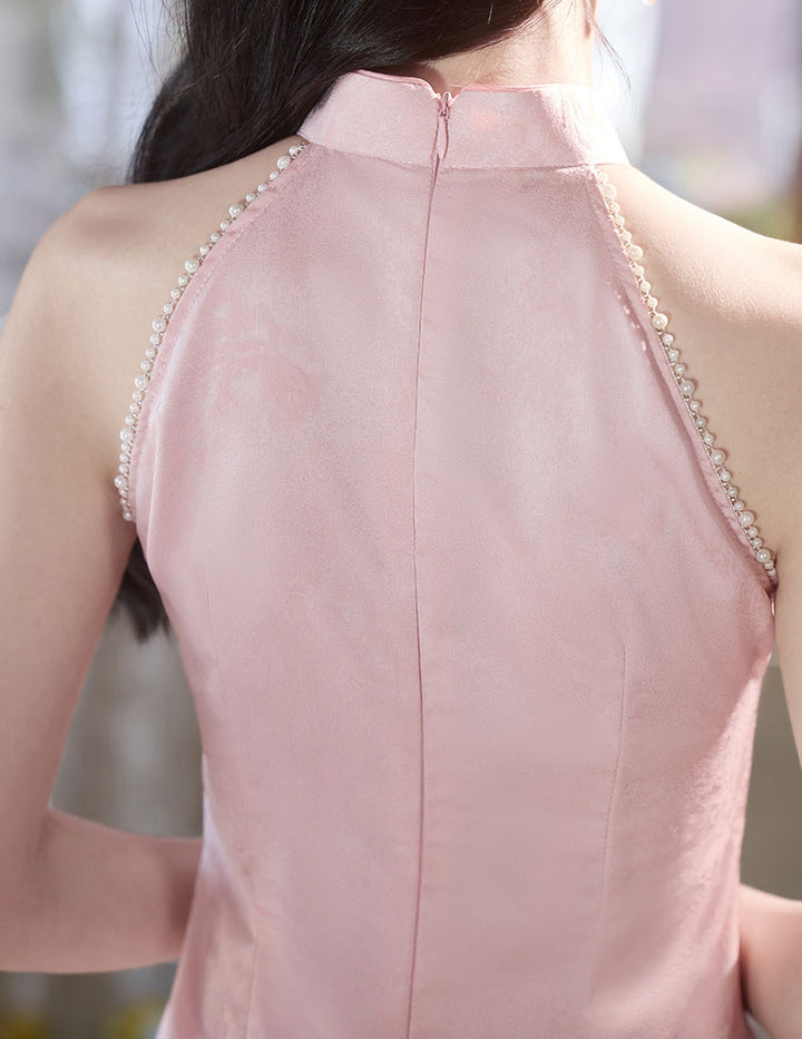 Pink Blue Jacquard Halter Summer Qipao Cheongsam Dress