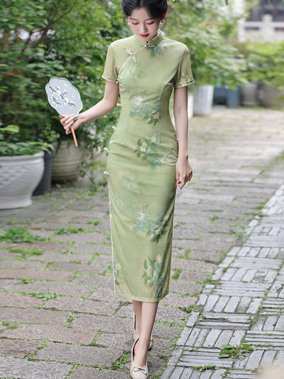 Green Floral Print Summer Cheongsam Qipao Dress