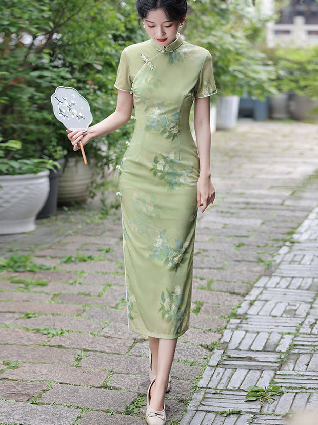 Green Floral Print Summer Cheongsam Qipao Dress