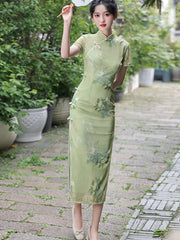 Green Floral Print Summer Cheongsam Qipao Dress