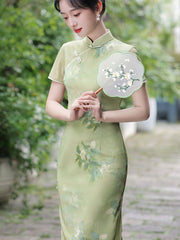 Green Floral Print Summer Cheongsam Qipao Dress
