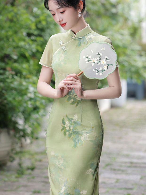 Green Floral Print Summer Cheongsam Qipao Dress