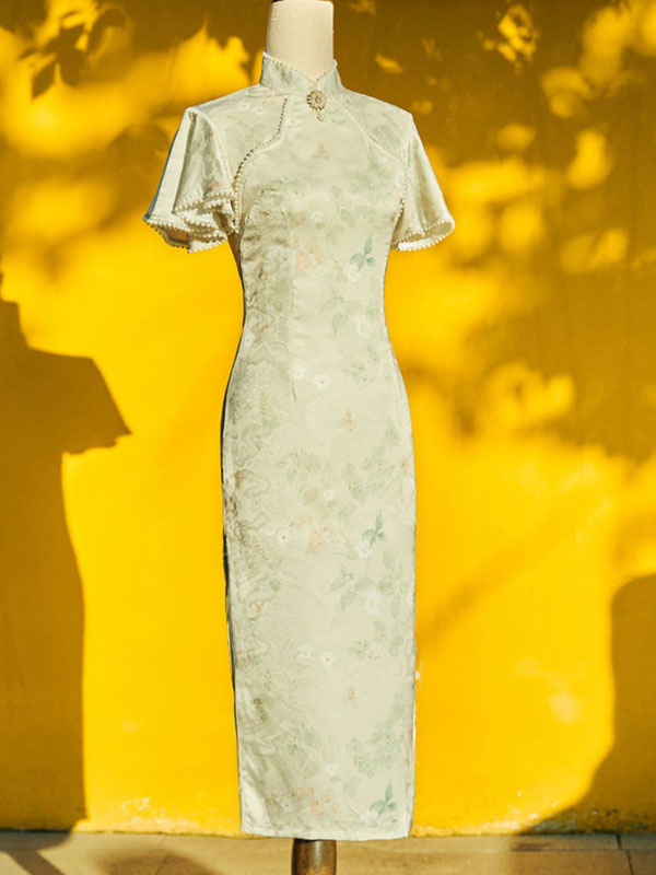 2023 Green Jacquard Flutter Sleeve Cheongsam Qipao Dress