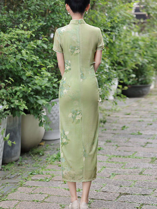 Green Floral Print Summer Cheongsam Qipao Dress