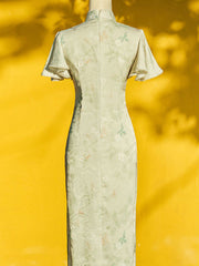 2023 Green Jacquard Flutter Sleeve Cheongsam Qipao Dress