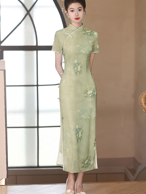 Green Floral Print Summer Cheongsam Qipao Dress