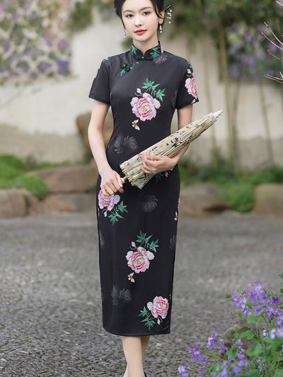 2023 Black Rose Print Chiffon Cheongsam Qipao Dress