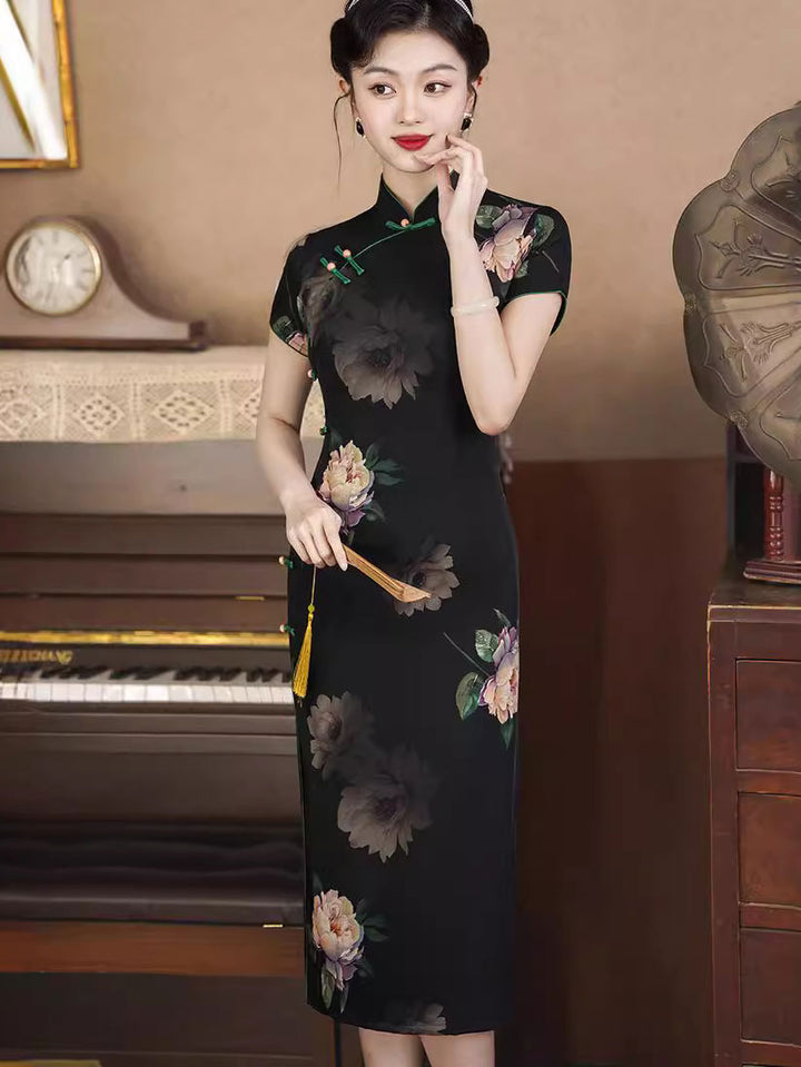 Black Floral Print Midi Cheongsam Qipao Dress