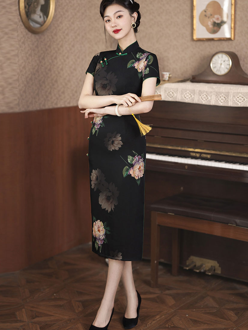 Black Floral Print Midi Cheongsam Qipao Dress